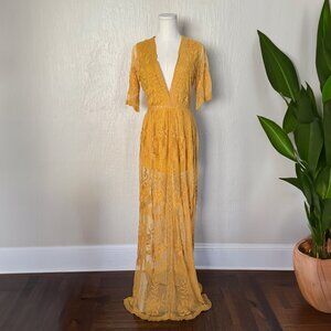 Honey Punch Yellow Lace Boho Romper with sheer Maxi Dress overlay